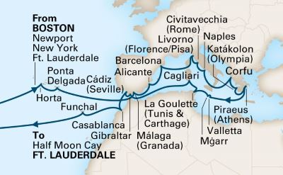 Mediterranean cruise from Boston map